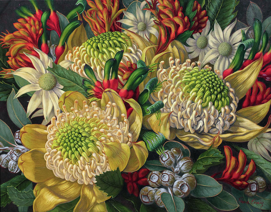 Nature Painting - White Waratahs Flannel Flowers and Kangaroo Paws by Fiona Craig