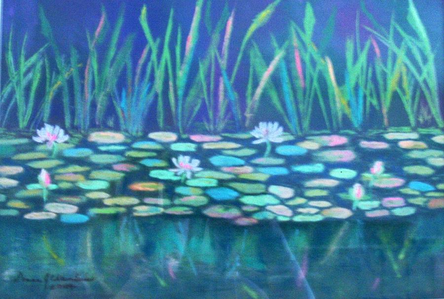 White Waterlilies in Reflecting Pond Painting by Donna Chambers