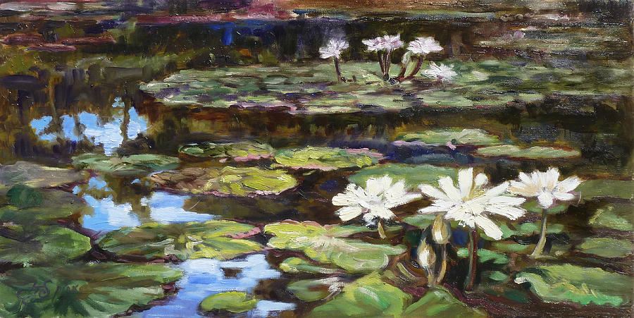 White waterlilies in Tower Grove Park Painting by Irek Szelag