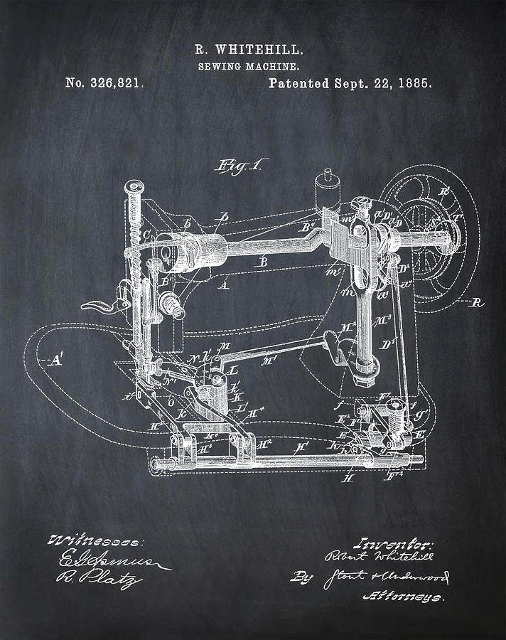 Vintage Digital Art - Whitehill Sewing Machine Patent 1885 Chalk by Bill Cannon