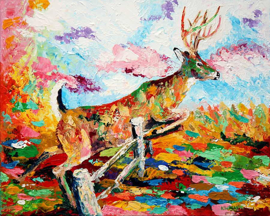 Whitetail Buck Jumping a Fence Painting by Karl Wagner