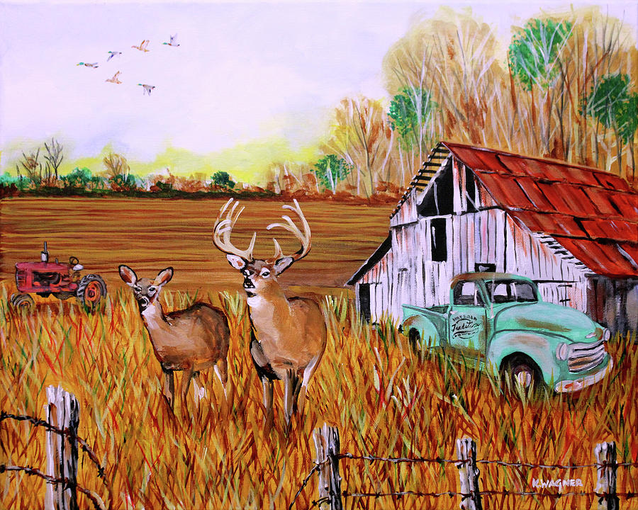 Whitetail deer with Truck and Barn Painting by Karl Wagner