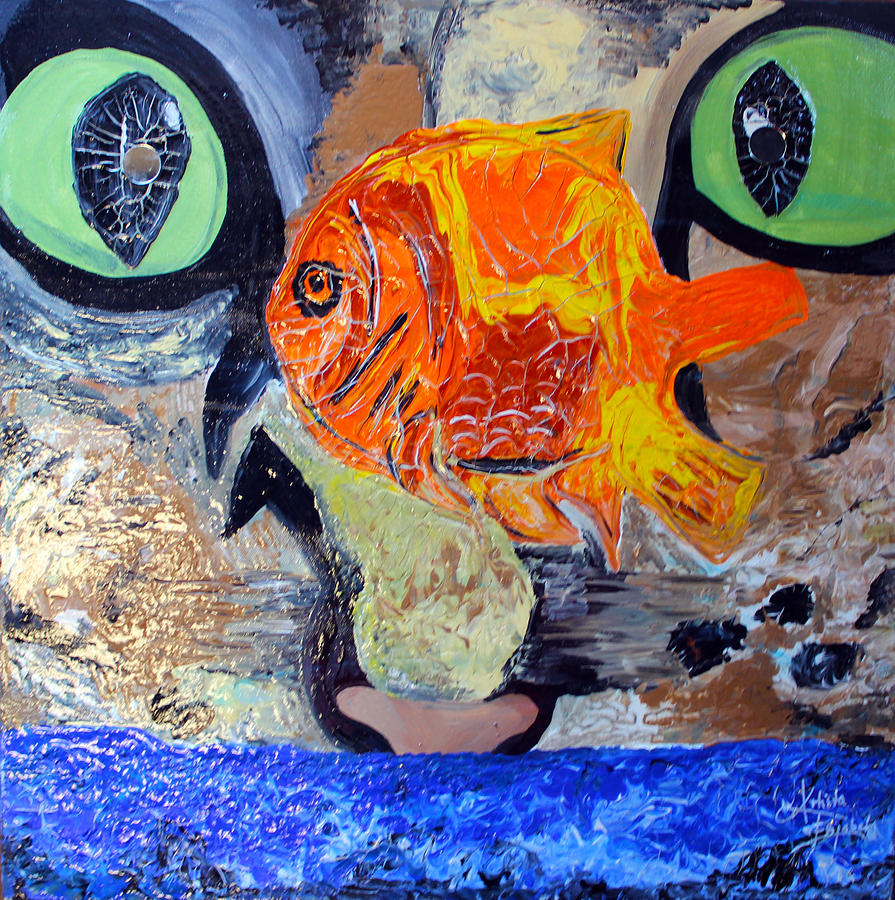Goldfish Painting - Who let the cat out by Artista Elisabet