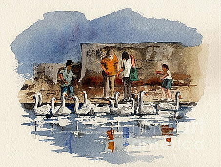WICKLOW.   BRAY feeding the swans Painting by Val Byrne