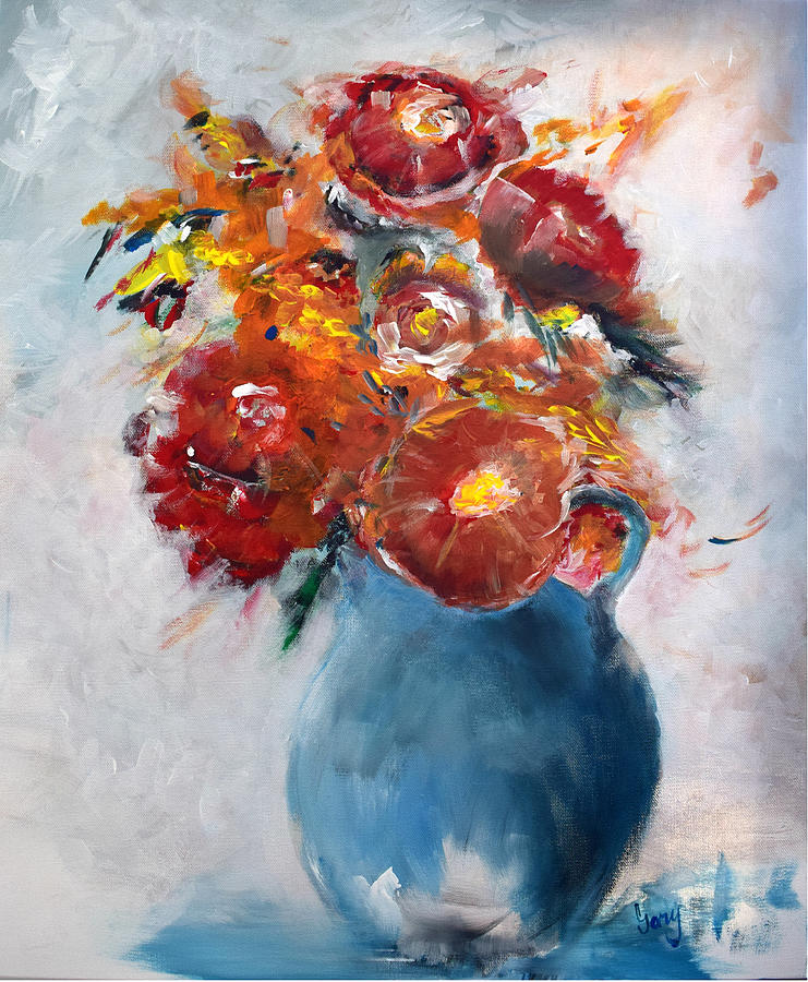 Wide-eyed Flowers In A Blue Pot Painting