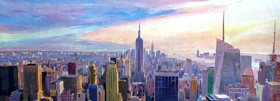 New York Painting - Wide Panorama of Manhattan with New Jersey and Brooklyn by M Bleichner
