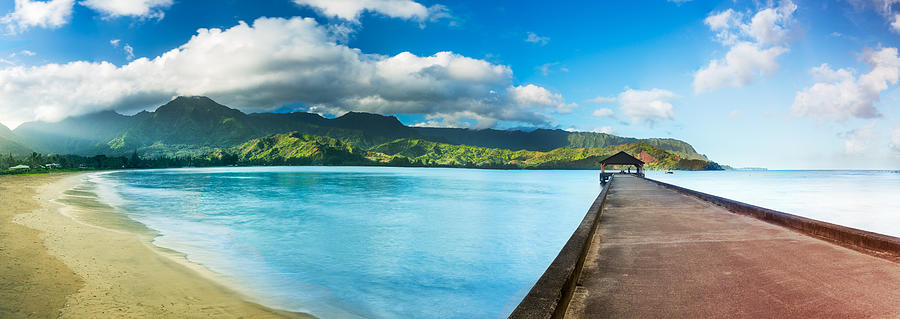 Widescreen panorama of Hanalei Bay and Pier on Kauai Hawaii Photograph by Steven Heap