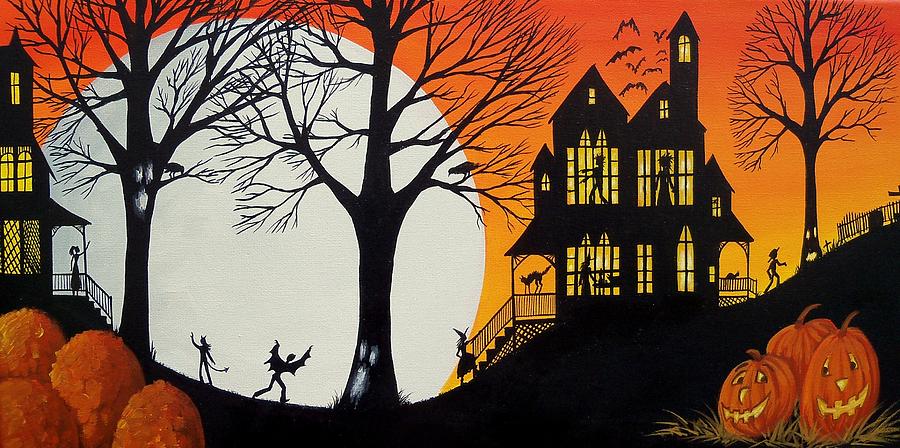 Widow Martins Halloween Party silhouette Painting by Debbie Criswell
