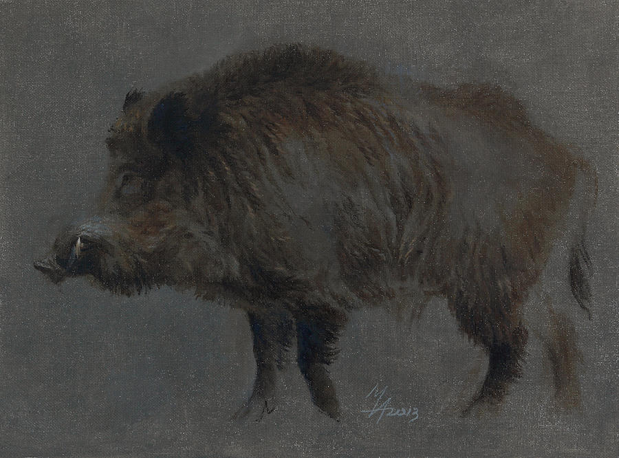 Wild Boar in Winter Coat Painting by Attila Meszlenyi