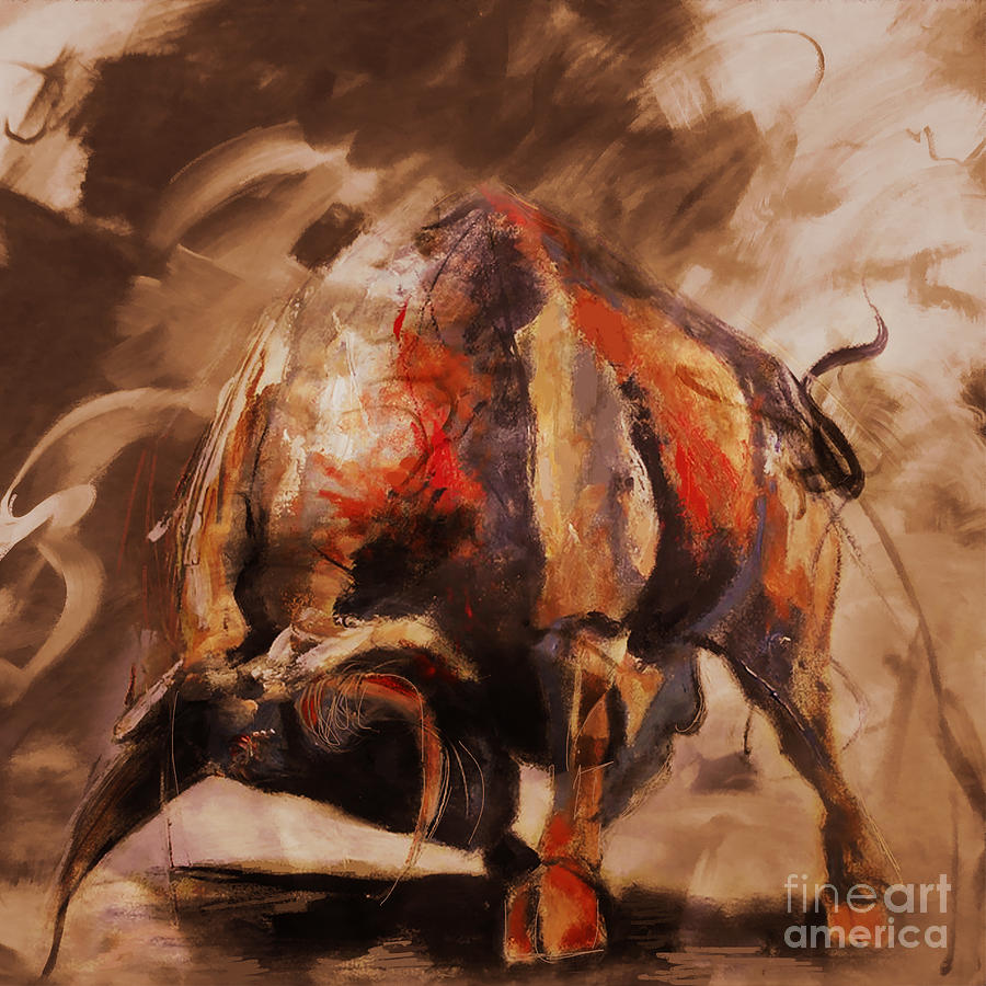 Wild Bull fight 02 Painting by Gull G