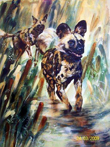 Dog Painting - Wild Dogs Chase by Estelle Hartley