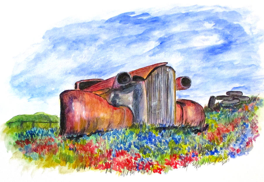 Car Painting - Wild Flower Junk Car by Clyde J Kell