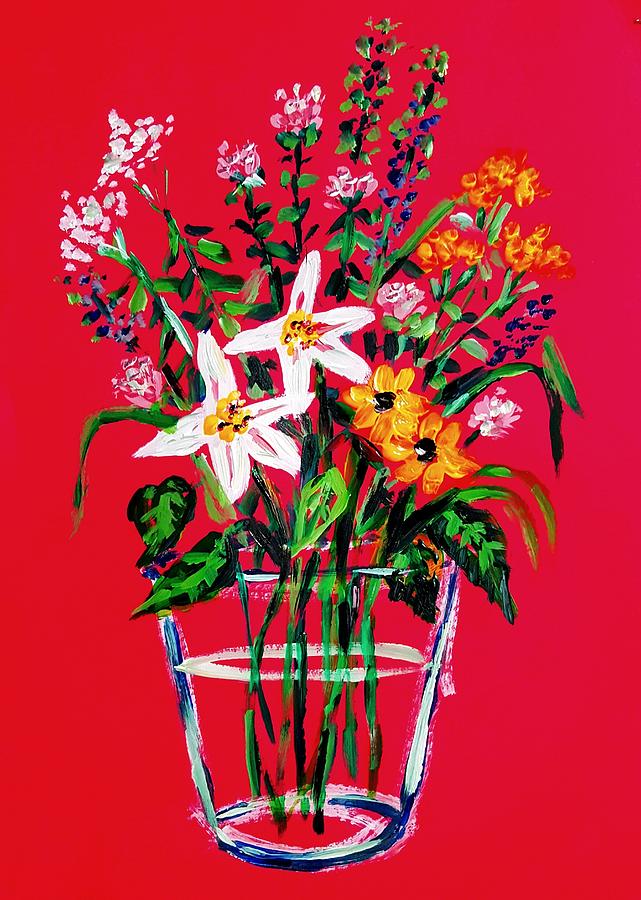 Wild flowers in clear vase Painting by Hae Kim