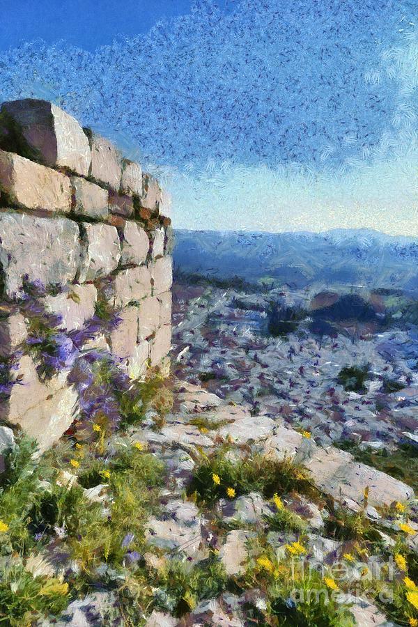 Wild flowers on loophole in Palamidi castle Painting by George Atsametakis