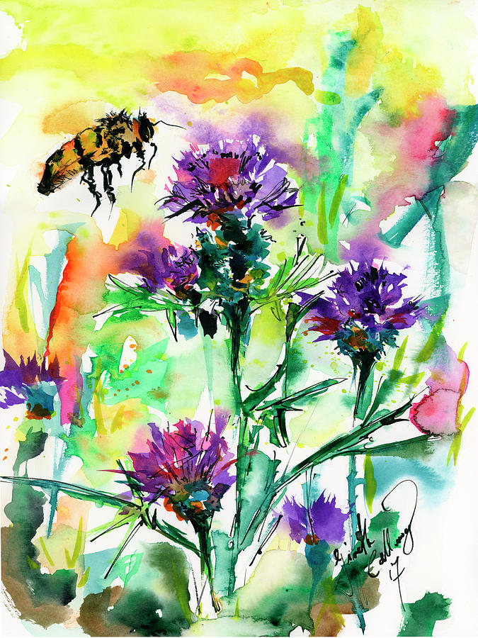 Wild Flowers Thistles and Bees Painting by Ginette Callaway