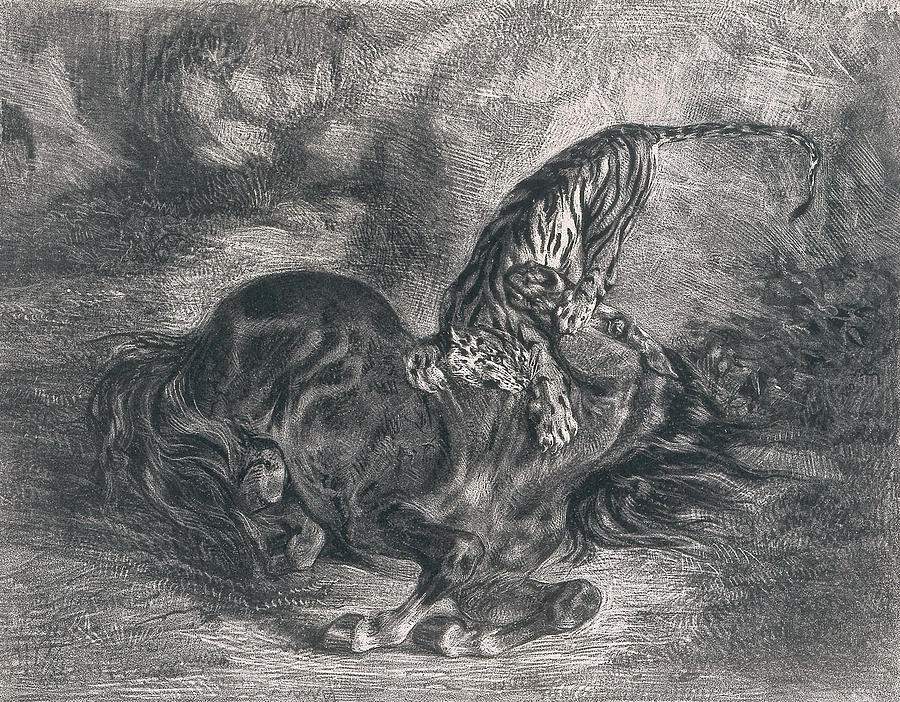 Wild Horse Felled by a Tiger Relief by Eugene Delacroix