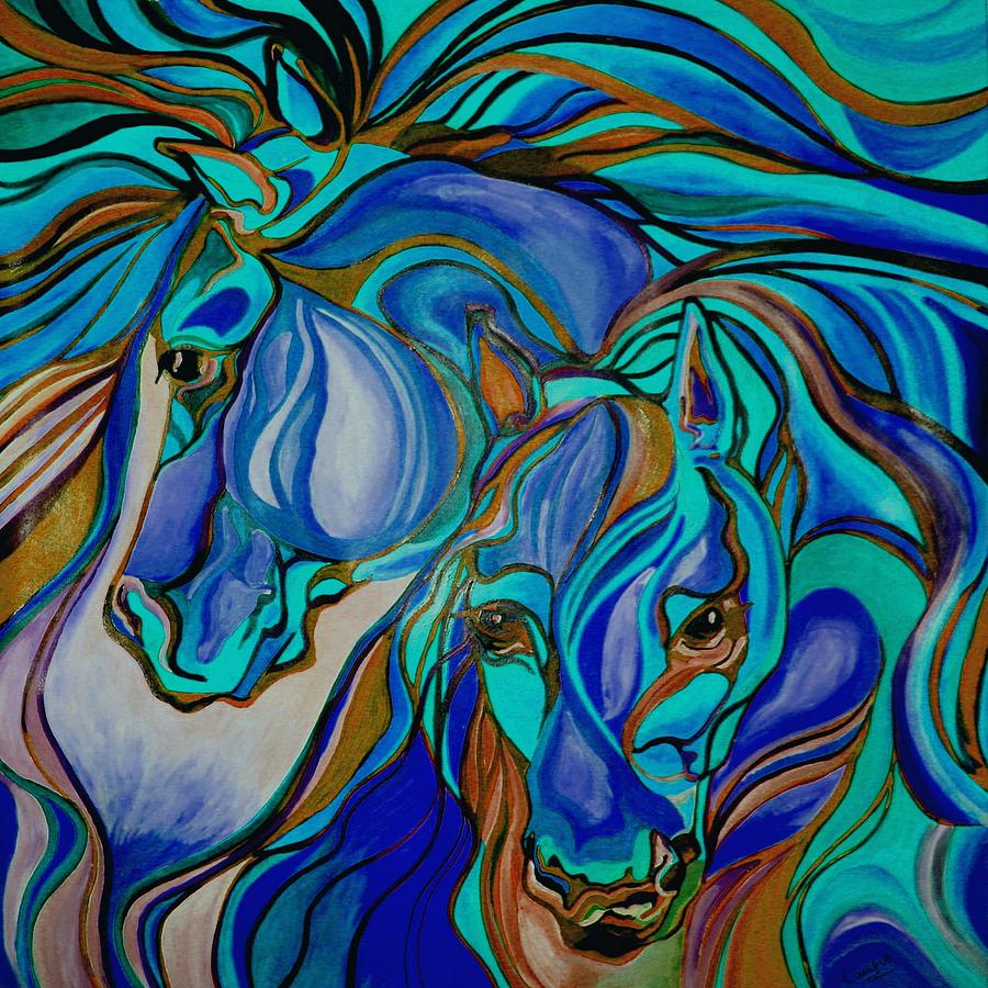 Abstract Painting - Wild  Horses In Brown and Teal by Taiche Acrylic Art