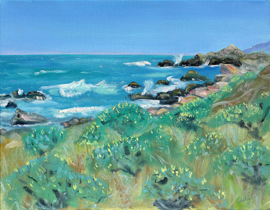 Wild Lupin at Gerstle Cove Park in May Painting by Asha Carolyn Young