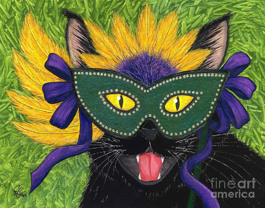 Wild Mardi Gras Cat Painting by Carrie Hawks