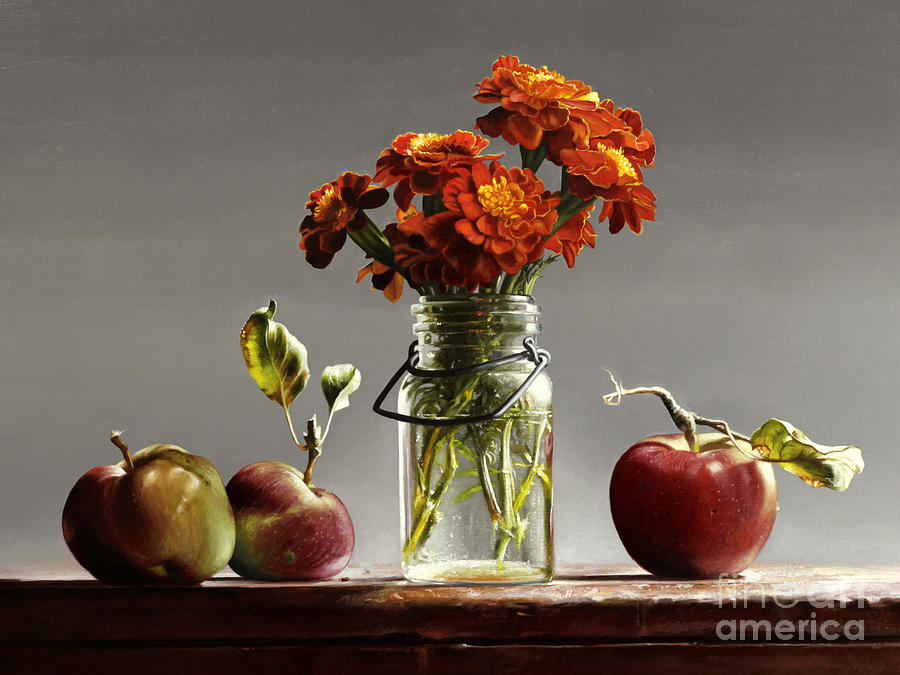 Marigolds Painting - Wild Red Apples With Marigolds by Lawrence Preston
