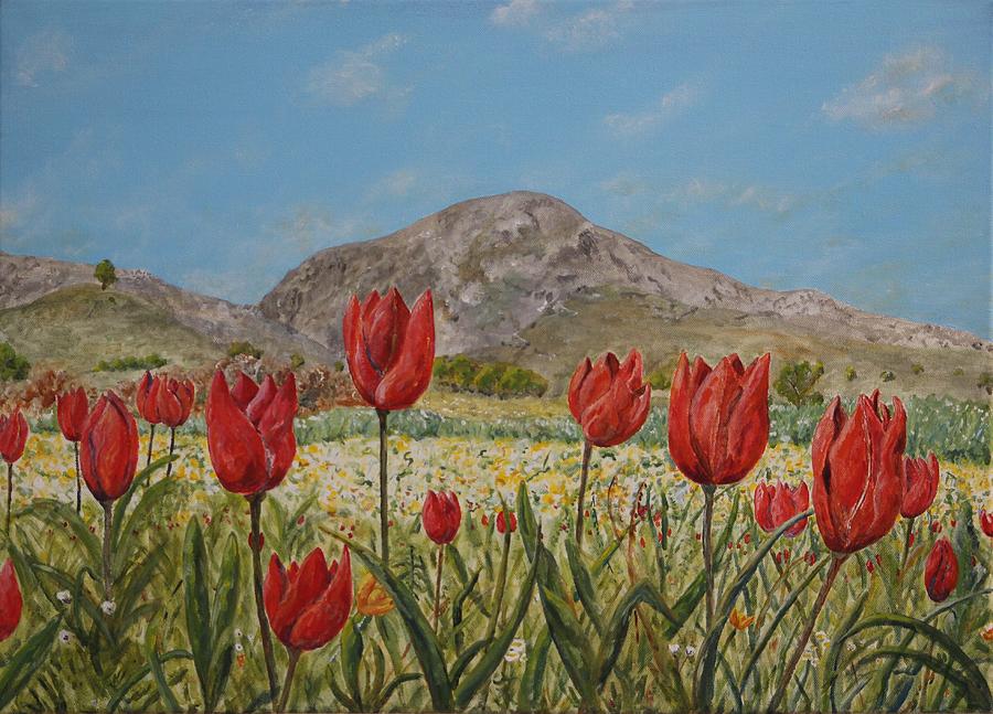Greek Painting - Wild Tulips in central Crete by David Capon