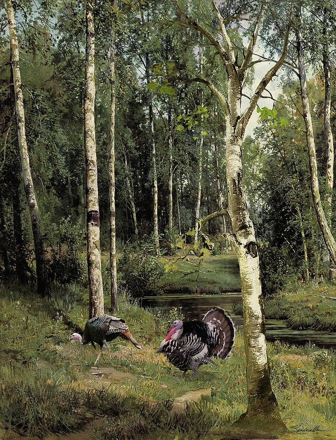 Wild Turkeys in Birch Tree Forest Digital Art by M Spadecaller