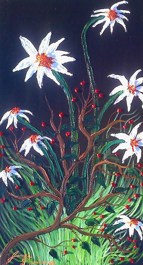 Wild White Daisies With Red Berries Painting by James Dunbar