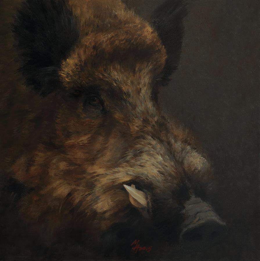 Wildboar Portrait Painting by Attila Meszlenyi