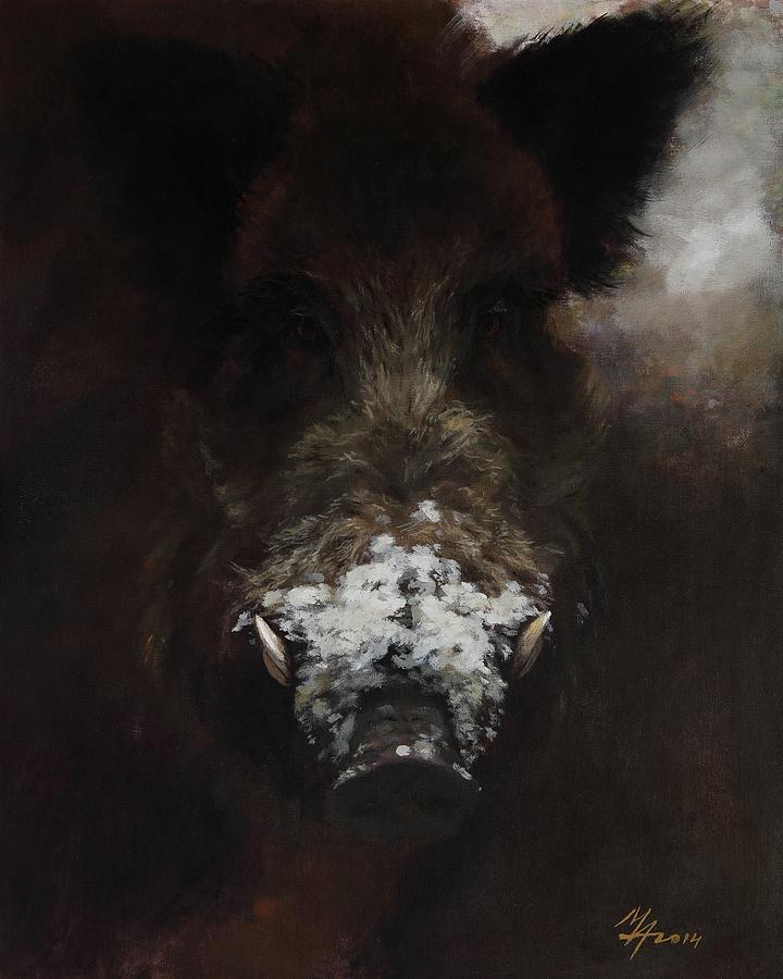 Wildboar with Snowy Snout Painting by Attila Meszlenyi
