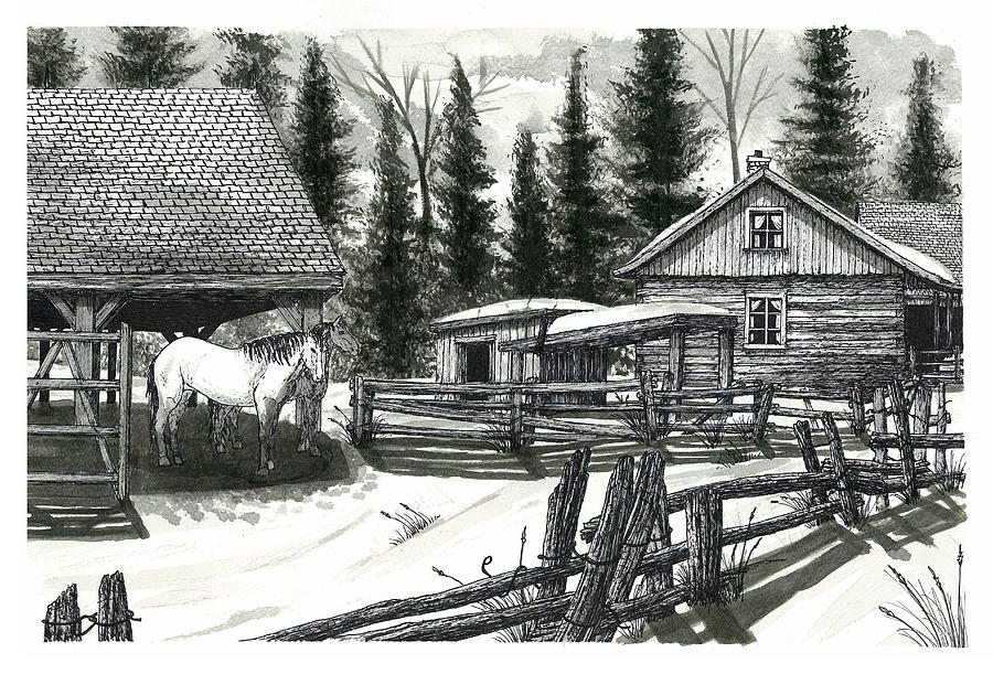 Wilderness Horse Farm Drawing by Jonathan Baldock