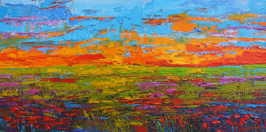 Wildflower Field at Sunset - Modern Impressionist oil palette knife painting Painting by Patricia Awapara