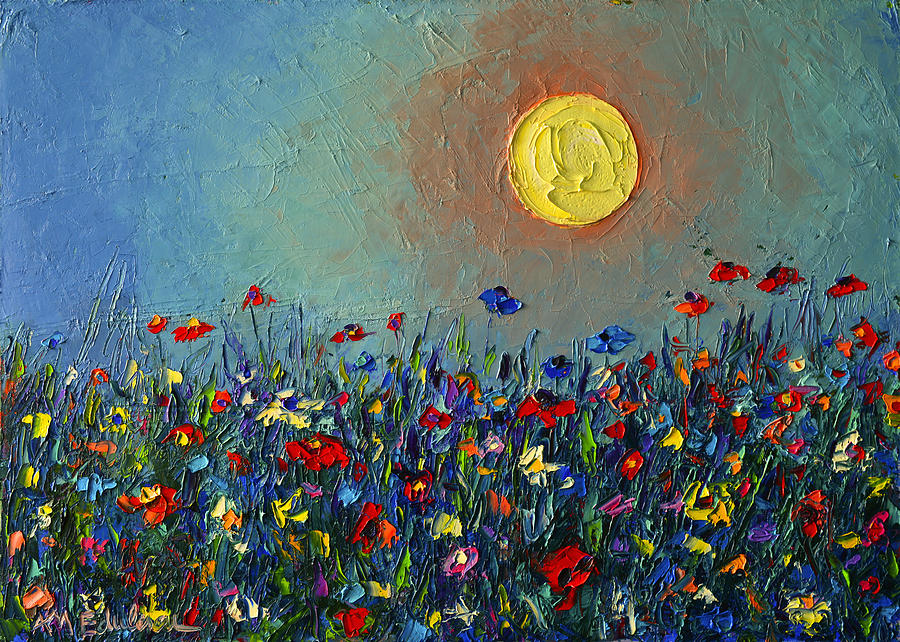 Wildflowers Meadow Sunrise Modern Floral Original Palette Knife Oil Painting By Ana Maria Edulescu Painting by Ana Maria Edulescu