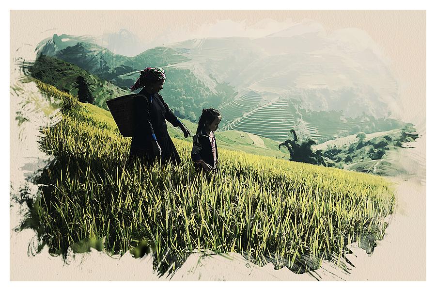 Wildlife Series   Rice field and Farmer Painting by Celestial Images