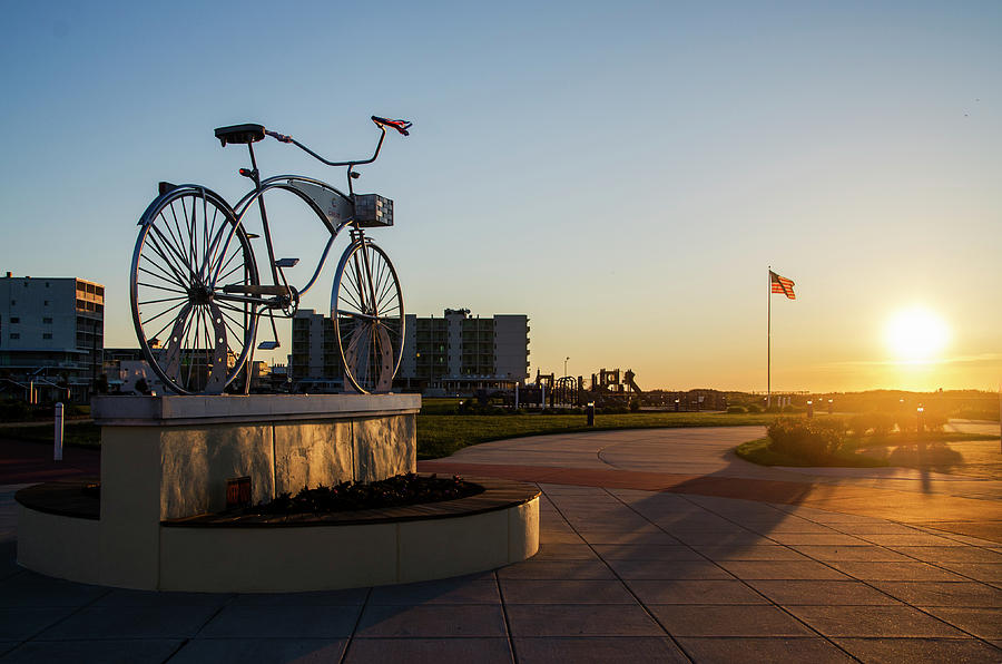 Wildwood Crest Bicycle Statue at Sunrise Photograph by Bill Cannon
