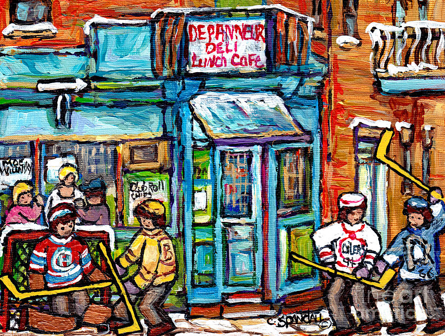 Wilensky Deli Montreal Winterscene Paintings For Sale 4 Hockey Jerseys Canadian Hockey Art C Spandau Painting by Carole Spandau