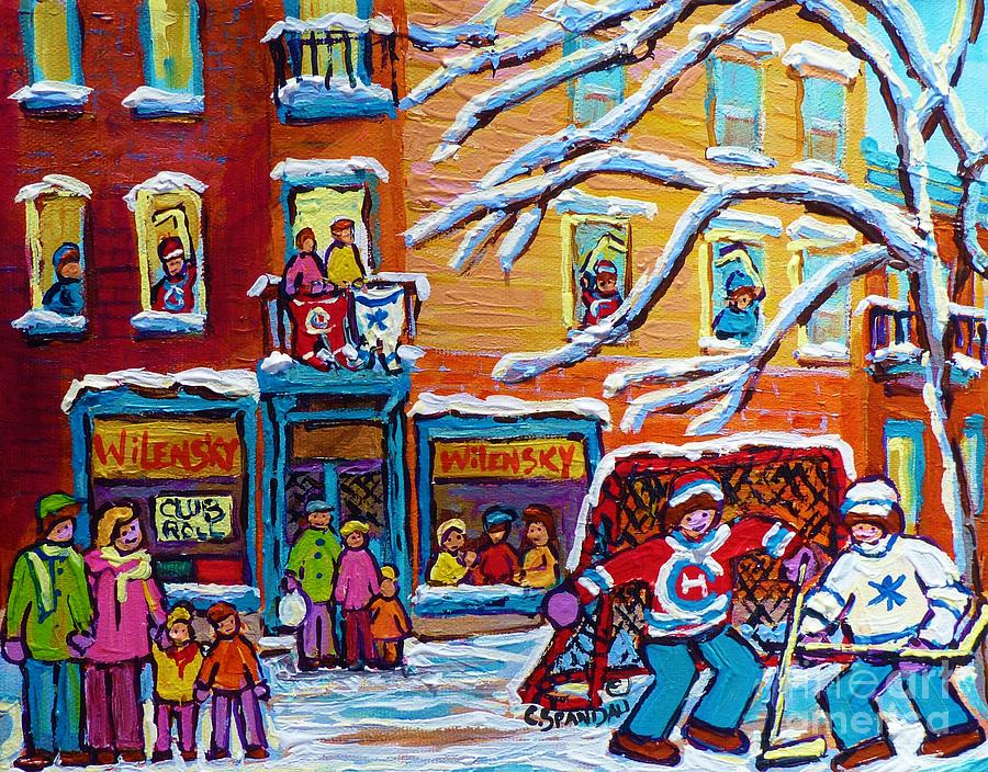 Wilensky Deli Paintings Plateau Mont Royal Kids Winter Hockey Scene Canadian Art Carole Spandau      Painting by Carole Spandau