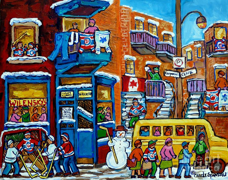 Wilenskys Montreal Memories Yellow Schoolbus Snowman Staircase Hockey Art Carole Spandau Painting by Carole Spandau