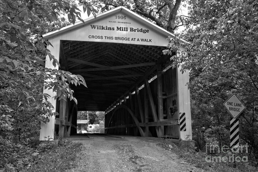 Wilkins Mill Covered Bridge Black And White Photograph by Adam Jewell