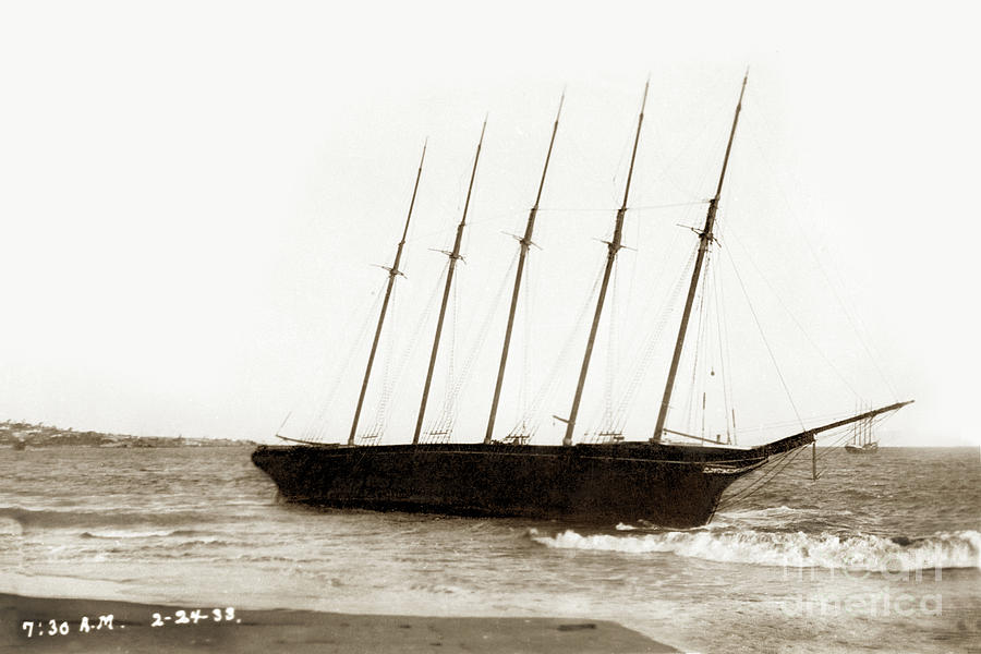 Beach Photograph - WILLIAM H. SMITH built 1899  schooner, 5-masted Feb 24, 1933 by Monterey County Historical Society
