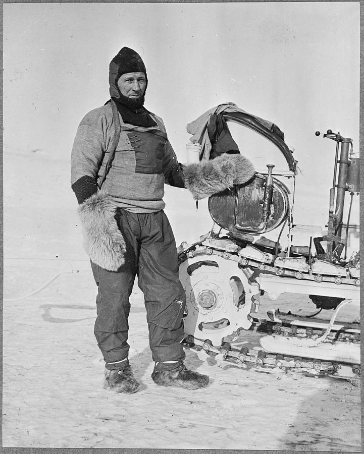 William Lashly standing by a Wolseley motor sleigh during the British Antarctic Expedition of 1911-1 Painting by Celestial Images