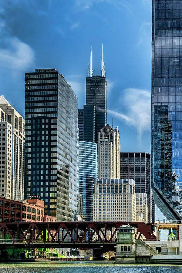Willis tower, skyline and Chicago River on a sunny day  Photograph by Sven Brogren
