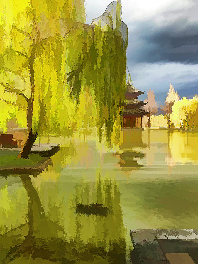 Willow Tree In Liiang China II Painterly  Mixed Media by Linda Brody