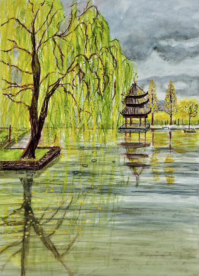 Willow Tree in Liiang China Watercolor  Painting by Linda Brody