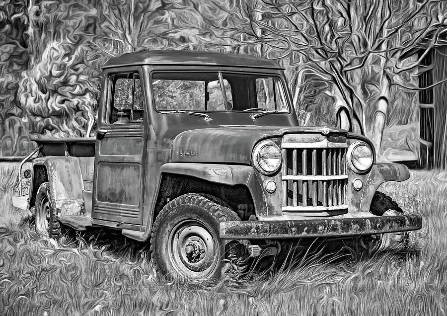 Willys Jeep Pickup Truck 2 - Paint bw Photograph by Steve Harrington