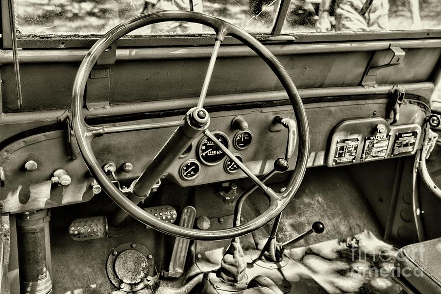 Willys Jeep Steering Wheel in black and white Photograph by Paul Ward