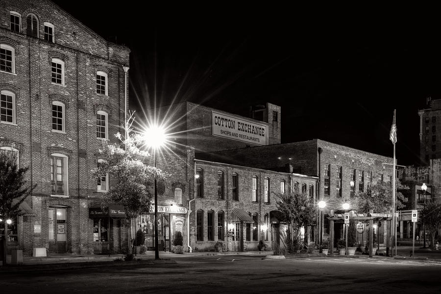 Sign Photograph - Wilmington Cotton Exchange At Night in Black and White by Greg and Chrystal Mimbs