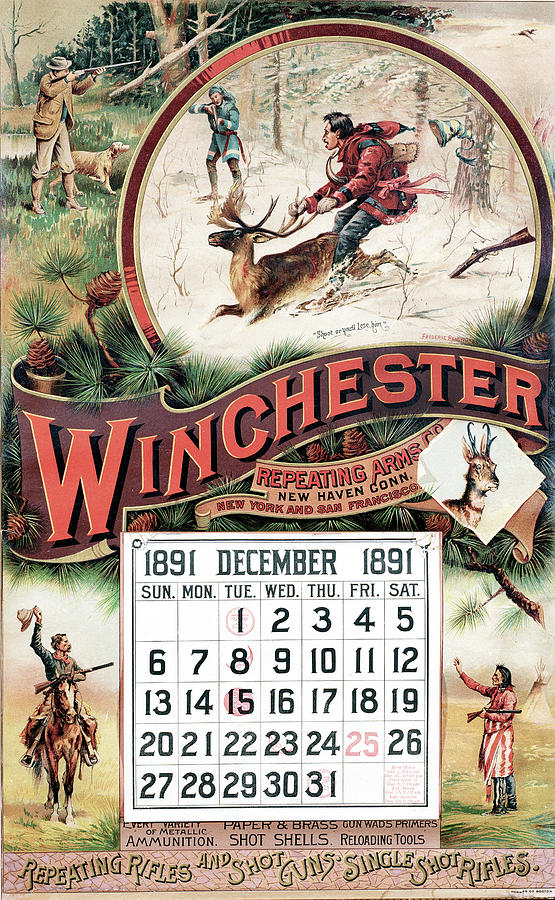 1891 Winchester Repeating Arms And Ammunition Calendar Painting by Fredrick Remington