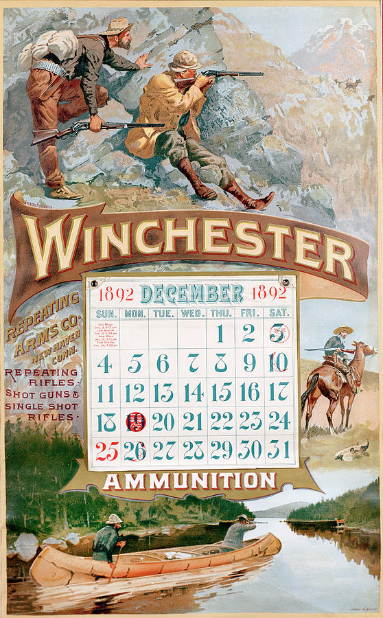 1892 Winchester Repeating Arms And Ammunition Calendar Painting by Fredrick Remington
