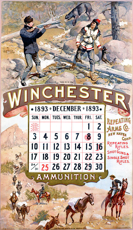 1893 Winchester Repeating Arms And Ammunition Calendar Painting by Fredrick Remington