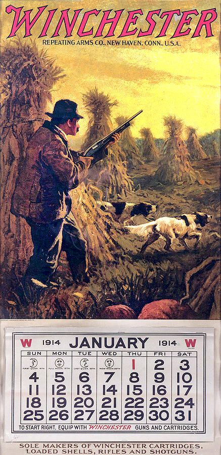 1914 Winchester Repeating Arms And Ammunition Calendar Painting by Unknown